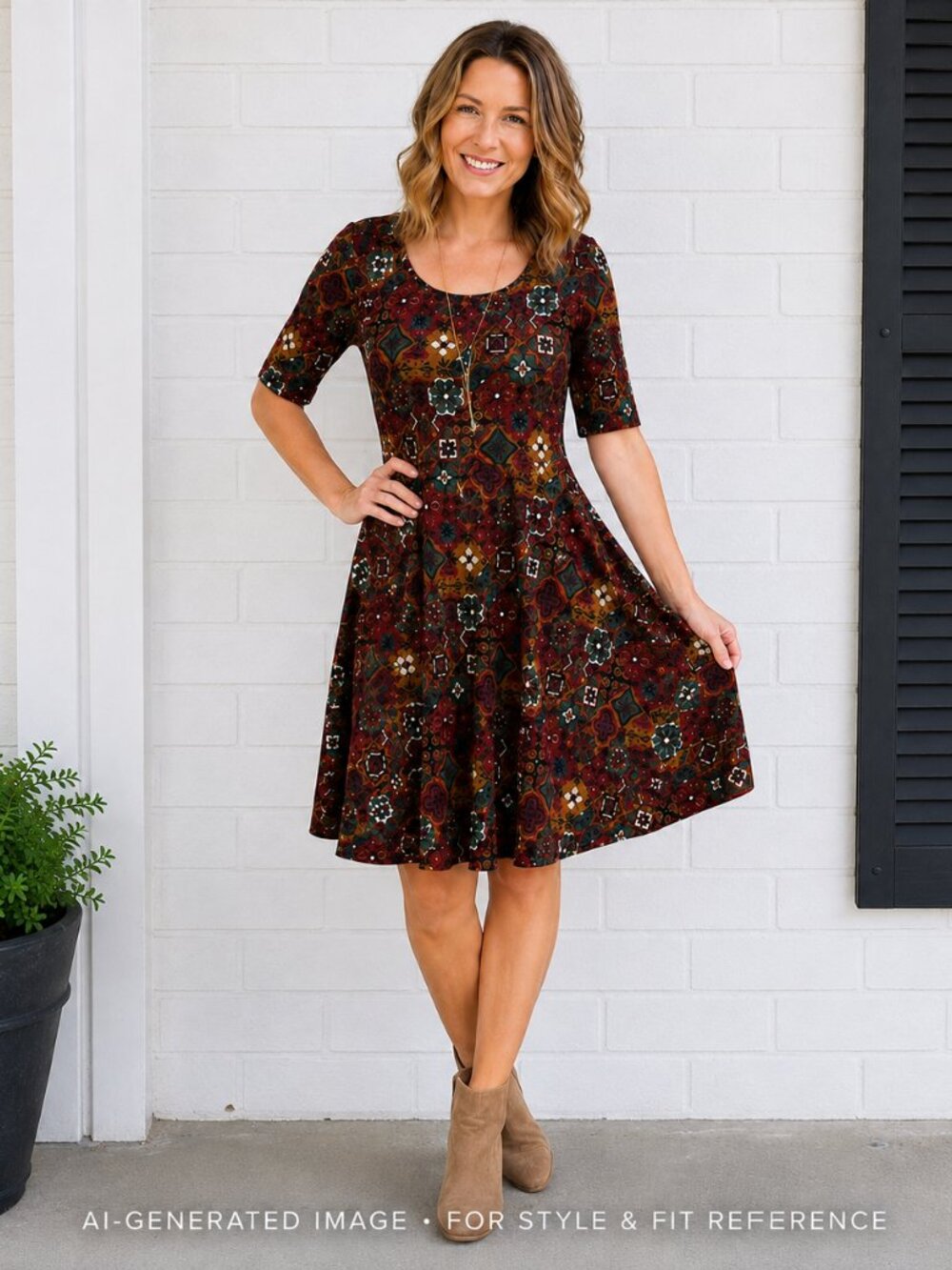 LuLaRoe Nicole Dress XL Burgundy Green Mosaic Geometric Fit & Flare